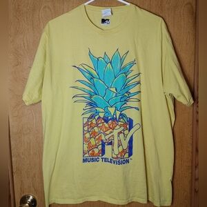 MTV Yellow Tee with Teal & Orange Pineapple Graphic XL